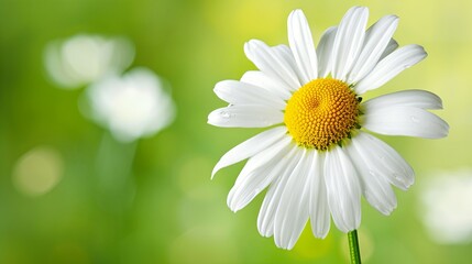 A lone daisy flower. Natural backdrop. Illustration for cover, card, postcard, interior design, banner, brochure or presentation.