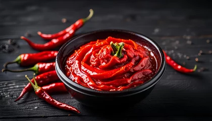 Foto op Plexiglas spicy hot chili sauce mixed with red hot chili pepper and garlic on wooden background. spicy food. generative ai. © Md Abidur Rahman