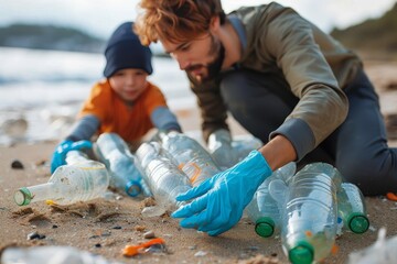 A young boy and his father spend their day by the ocean, collecting discarded plastic bottles and showing their love for the environment