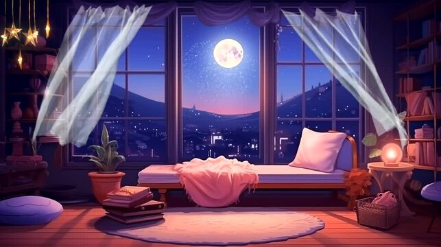 Interior of a room with opened window on full moon and fireworks background. Seamless looping time-lapse 4k video animation background