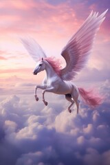 a winged unicorn gracefully flying above a canvas of pink and blue clouds