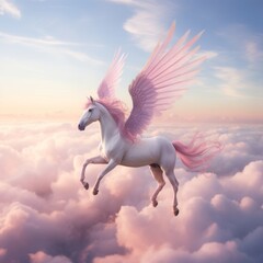 Obraz na płótnie Canvas a winged unicorn gracefully flying above a canvas of pink and blue clouds