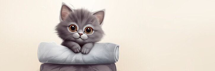 Illustration with a gray kitten lying on a stack of pillows or bundles of blankets, light background with copy space. Domestic cat