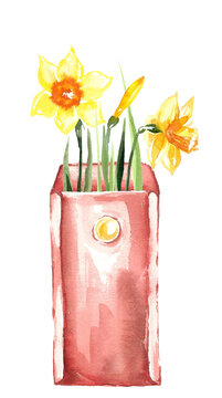 Congratulations on the spring holiday. Watercolor image of an open rectangular red paper envelope with a stamp and yellow daffodils. Hand drawn illustration for design of cards and invitations