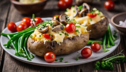 Fototapeta na wymiar A plate of mushroom and tomato covered potatoes