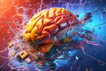 Experience the fusion of AI and human creativity in this mesmerizing, abstract portrayal of a brain surrounded by vibrant electric currents. Generated AI