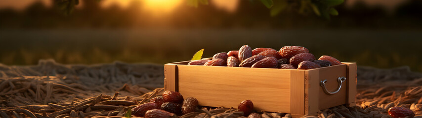 Dates harvested in a wooden box in a plantation with sunset. Natural organic fruit abundance. Agriculture, healthy and natural food concept. Horizontal composition, banner.