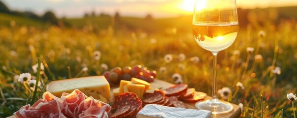 Naklejka na ściany i meble Table with fine wine served outside with cheese