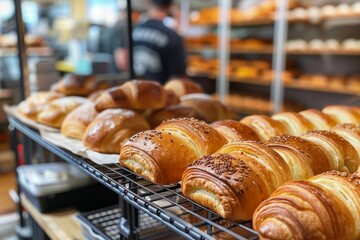 A delectable assortment of freshly baked viennoiserie and pastries sit temptingly on a rack in the...