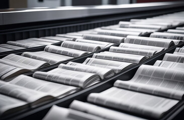 Fototapeta premium Stack of magazines on offset printing machine conveyor belt. Stack of magazines on offset printing machine conveyor belt