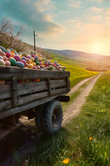 Vintage truck full of colorful Easter eggs on a meadow with grass and spring flowers. Concept of logistics, cargo and shipping.