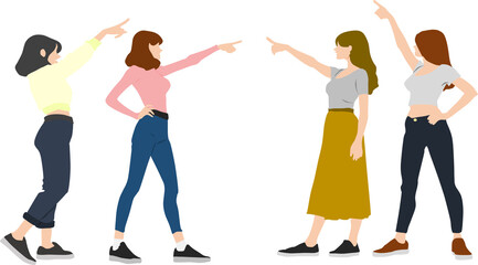 Fototapeta premium 前方を指差ししている女性たちのイラスト