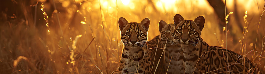 Ocelot family in the savanna with setting sun shining. Group of wild animals in nature. Horizontal,...