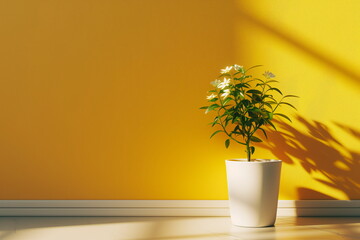 Potted plant standing against yellow wall under bright sunlight, photo with space for text. Suitable for banners, flyers, business cards, website backgrounds and promotional materials