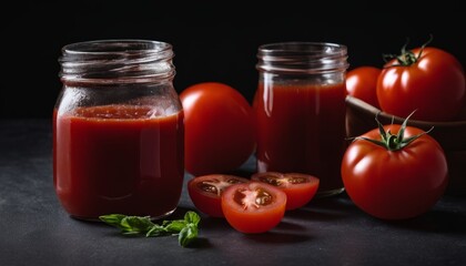 A jar of tomato sauce and tomatoes on a table - obrazy, fototapety, plakaty