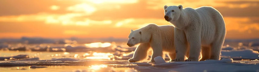 Fotobehang Polar bear family in the arctic region with setting sun shining. Group of wild animals in nature. © linda_vostrovska