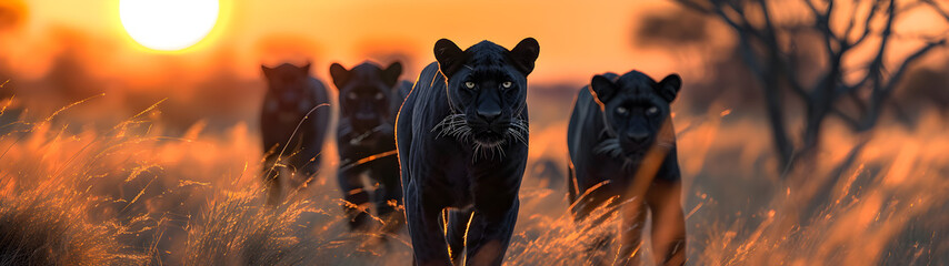 Black panthers standing in the savanna with setting sun shining. Group of wild animals in nature....