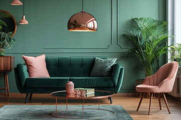 Cozy meets chic in this vibrant living room featuring a lush green couch adorned with playful pink pillows, illuminated by a glamorous pink and gold lamp