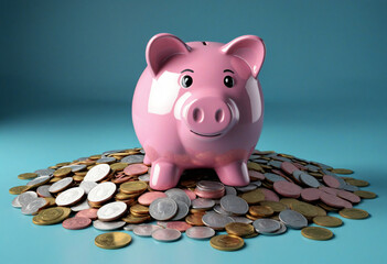 Vibrant pink piggy bank filled with coins, symbolizing savings, financial security, and smart money management. isolated on blue