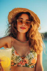 Beautiful girl, woman in bikini drinking cocktail on the beach. summer vacation. tourism. palm trees and leaves. daikiri