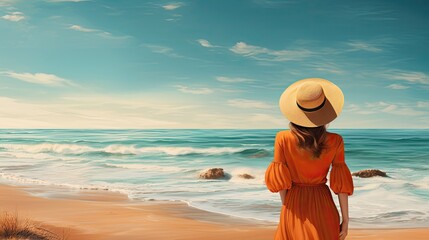 A woman in a orange dress and straw hat stands on a golden beach and looks at the turquoise waves lapping the shore