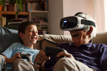 Grandfather and grandson are sitting on the sofa, laughing and playing a console, grandfather in VR glasses