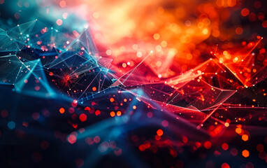 Abstract geometric background with a dynamic red and blue polygonal structure, symbolizing network connectivity, digital transformation, and complex systems - obrazy, fototapety, plakaty