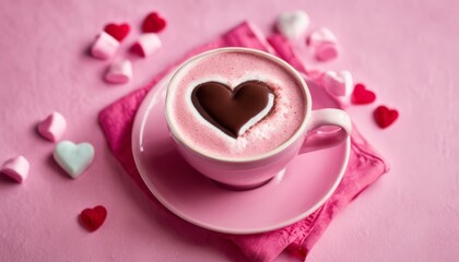 A cup of coffee with a heart shaped foam on top