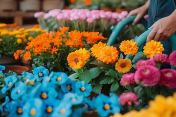 A person delicately holds a watering can, nurturing a beautiful display of chrysanthemums and calendula in vibrant shades of yellow, showcasing the artistry of floral design - obrazy, fototapety, plakaty