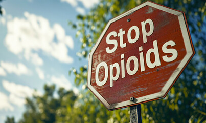 Red stop sign with bold Stop Opioids text against a blurred natural background, symbolizing the urgent call to end the opioid drug addiction crisis