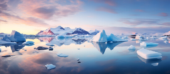 panorama of several icebergs scattered over a calm sea sheets melting in ocean Global warming climate change greenhouse gas ecology concept  Transparent ice crystal reflects the beauty of nature cold. - obrazy, fototapety, plakaty