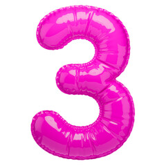 Number three in the shape of a balloon, isolated on a transparent background. An inflatable balloon of bright pink color with a glossy texture.
