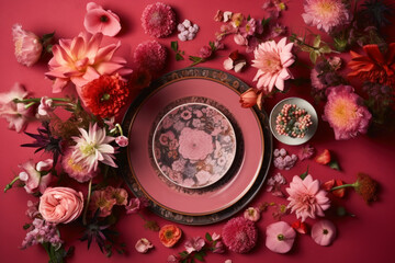 Elegant floral arrangement on a vivid backdrop with vintage ornate plates