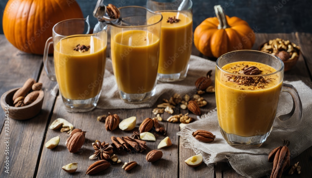 Poster Four glasses of pumpkin soup with nuts on a table