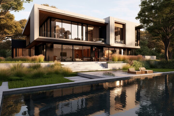 Fototapeta na wymiar Modern luxury meets nature in this stunning architectural idea of a home bathed in warm sunset light