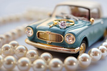 Revving up memories of childhood play with a vintage toy car adorned with a shiny blue ring on its classic grille - obrazy, fototapety, plakaty