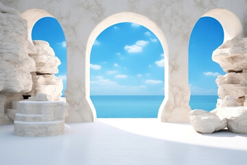 Escape to serenity with this tranquil seascape view through arched windows