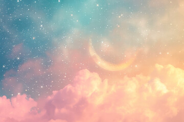 A fantasy cloudscape with stars and a crescent moon.