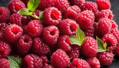 A pile of red raspberries on a black background