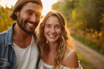Naklejka premium A couple's love shines through their joyful smiles as they embrace the changing seasons, surrounded by the natural beauty of a tree and the man's stylish beard