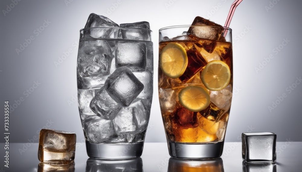 Poster Two glasses of drinks, one with ice and the other with lemon slices