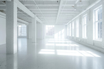 White brick open space office interior with a concrete floor.