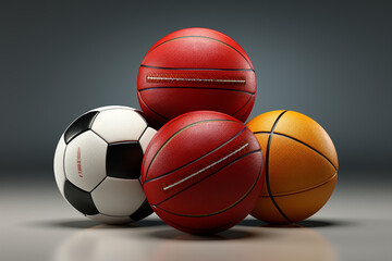 Pile of different sport balls on wooden background. 3d illustration