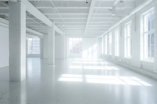 Fototapeta White brick open space office interior with a concrete floor.