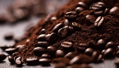 A pile of coffee beans on a table - obrazy, fototapety, plakaty