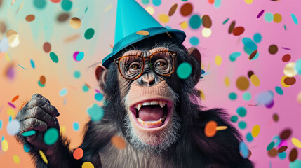 A cheerful chimpanzee wearing a cool hat, amidst a burst of birthday confetti, against a trendy, colorful background - obrazy, fototapety, plakaty
