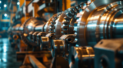 A close-up on the gears of heavy machinery at work in a steel manufacturing facility, highlighting technology and strength4 - obrazy, fototapety, plakaty