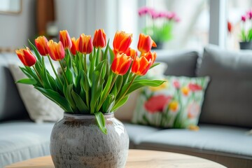 A vibrant vase of tulips adds a touch of spring to the indoor floral design on the table, framed by a wall of houseplants in the background