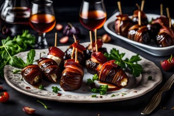 A serving of tasty bacon-wrapped dates packed with goat cheese  - obrazy, fototapety, plakaty