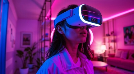 Woman Wearing Virtual Reality Vision Pro Glassess Device 